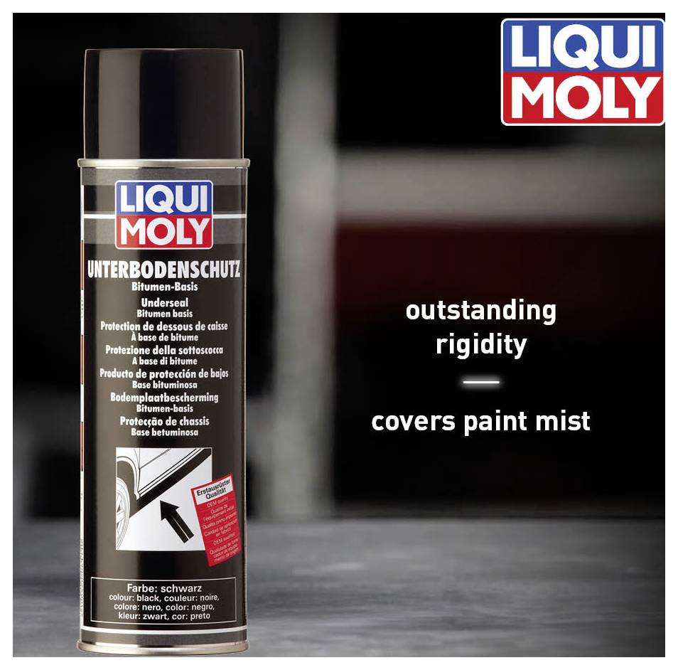 'LIQUI MOLY' spuitbus wordt onder een auto gebruikt om bodembescherming aan te brengen. Tekst op de bus: 'Thixotroop mengsel, hoge slijtweerstand'.