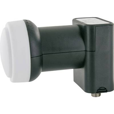 Zwarte satelliet-LNB met witte kop en rechthoekige behuizing, voor signaalversterking van schotelantennes.