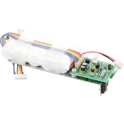 Elektronische schakeling met printplaat, condensatoren en gekleurde kabels, gemonteerd op een houder. Hoofdcomponent voor technische toepassingen.