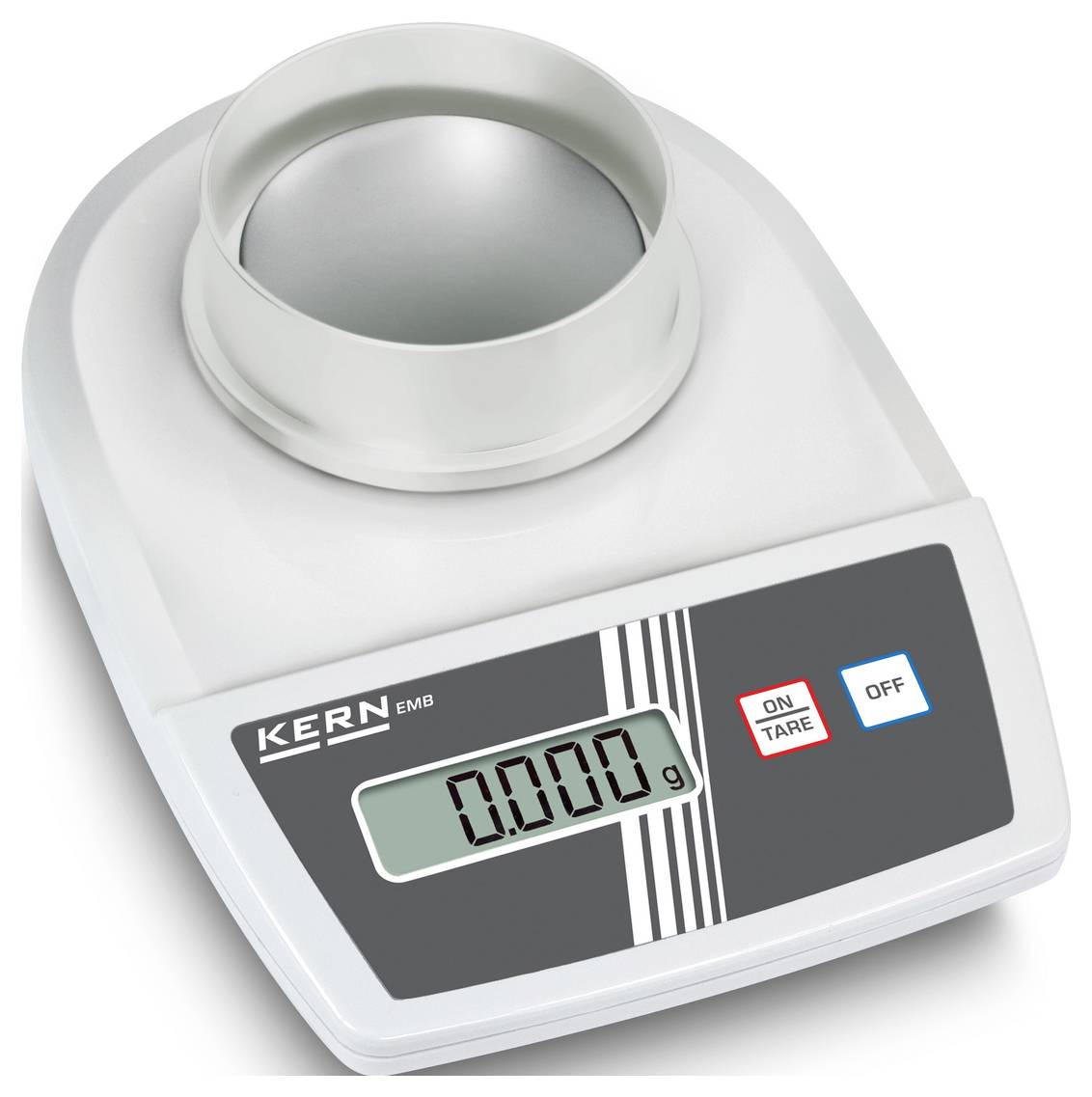 Elektronische weegschaal met digitaal display, toont '0,000 g'. Knoppen voor tarra en uitschakelen, geschikt voor nauwkeurig wegen.