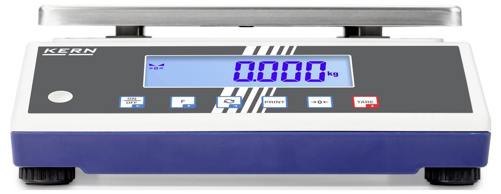 Elektronische weegschaal met digitaal display, toont '0.000 kg'. Bedieningsknoppen eronder. Zilveren weegoppervlak bovenaan.