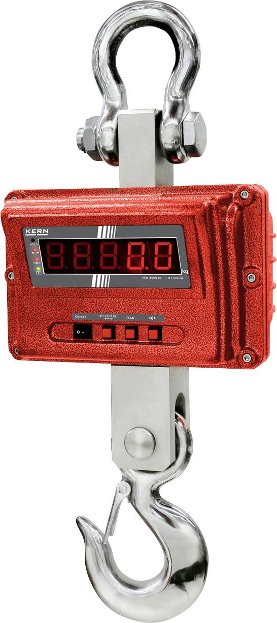 Een rode digitale kraanweegschaal met haak, metalen behuizing en LED-display, gebruikt voor gewichtsmeting bij hijswerkzaamheden.