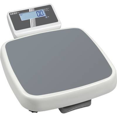 Een digitale personenweegschaal met een groot display dat '0.0' kg aangeeft. De weegschaal heeft een grijze platform.