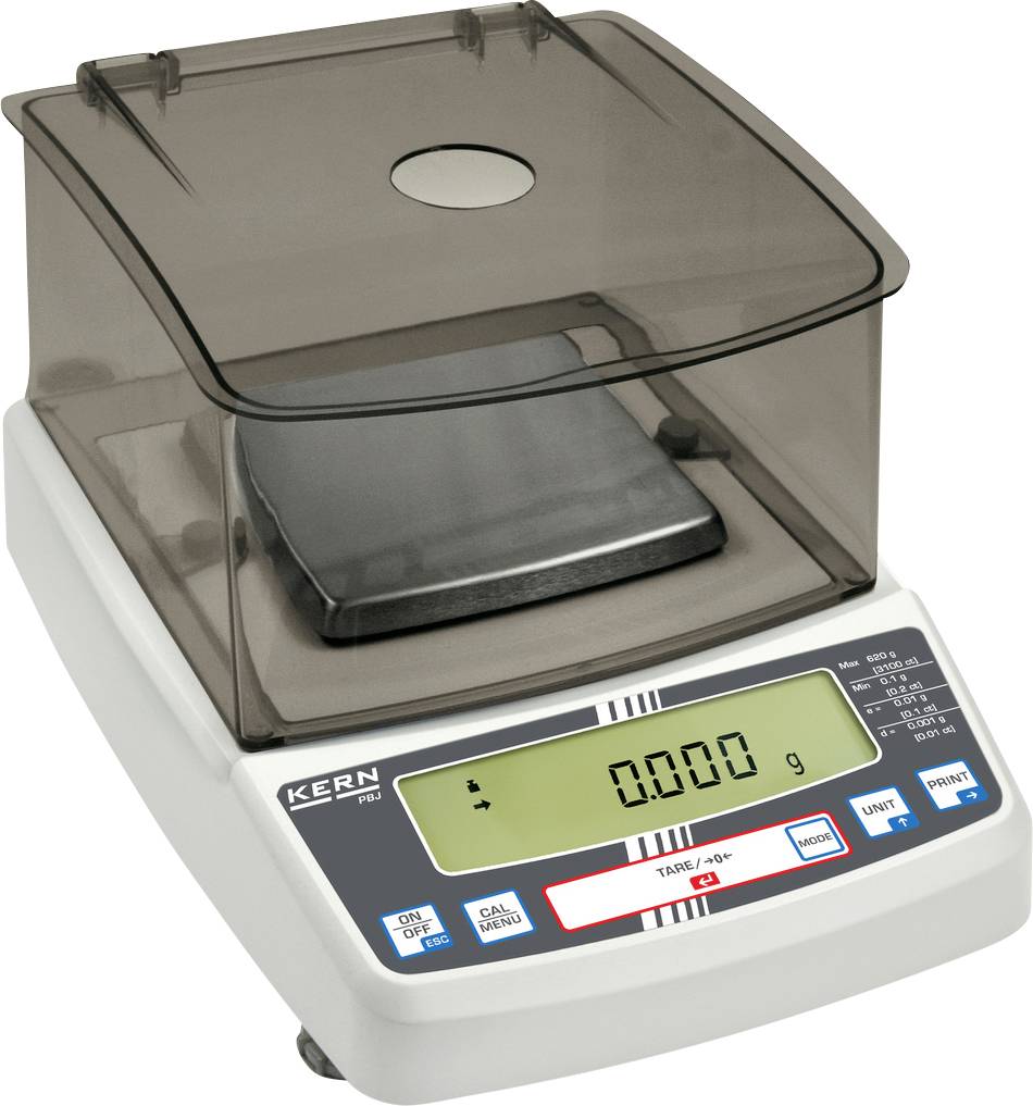 Elektronische precisieweegschaal met digitaal display, toont '0,000 g'. Behuizingsdeksel beschermt de weegschaal.