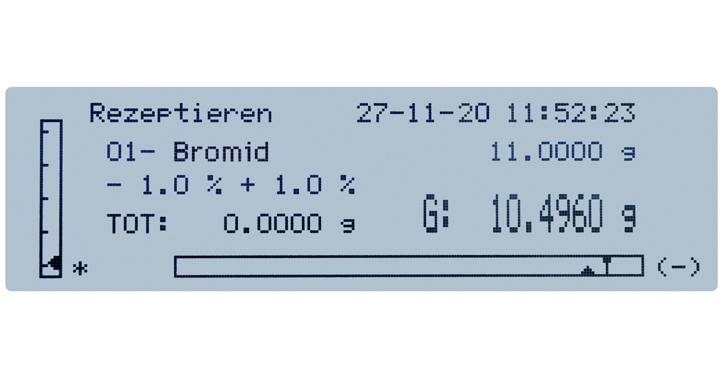Weergave van weegdisplay: 'Receptuur', Datum '27-11-20', Tijd '11:52:23', Substantie '01- Bromide', Gewicht '11.0000 g', Totaal '10.4960 g'.