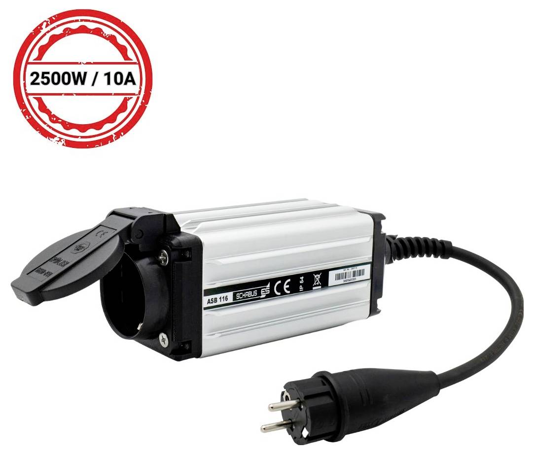Industrieel elektrisch stopcontactadapter met aangesloten stroomkabel en stekker, geëtiketteerd '2500W / 10A'.