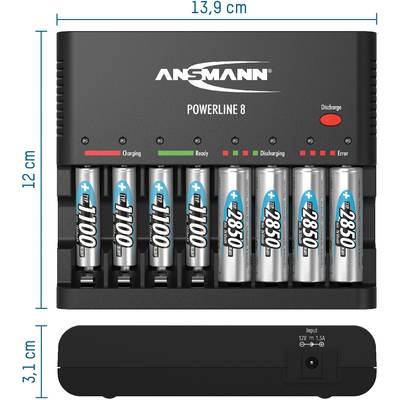 'Lithium-ion-lader met acht AA-batterijen in twee rijen. Indicatoren voor laden, gereed, ontladen en storing. Afmetingen: 13,9 cm x 12 cm x 3,1 cm.'