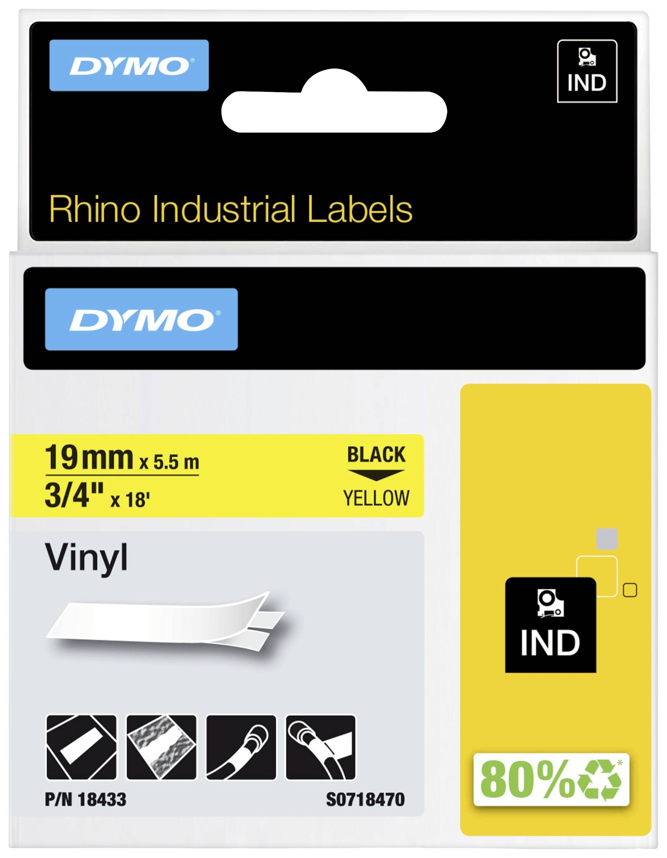 Een verpakking voor Rhino industrieel plakband met afmetingen 19mm x 5,5m. Kleur: zwart op geel. Materiaal: Vinyl.