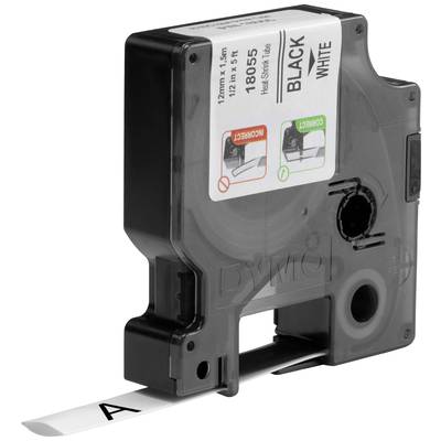 Een zwarte plastic cartridge voor een labelapparaat met een uitstekende witte tape waarop een letter staat.