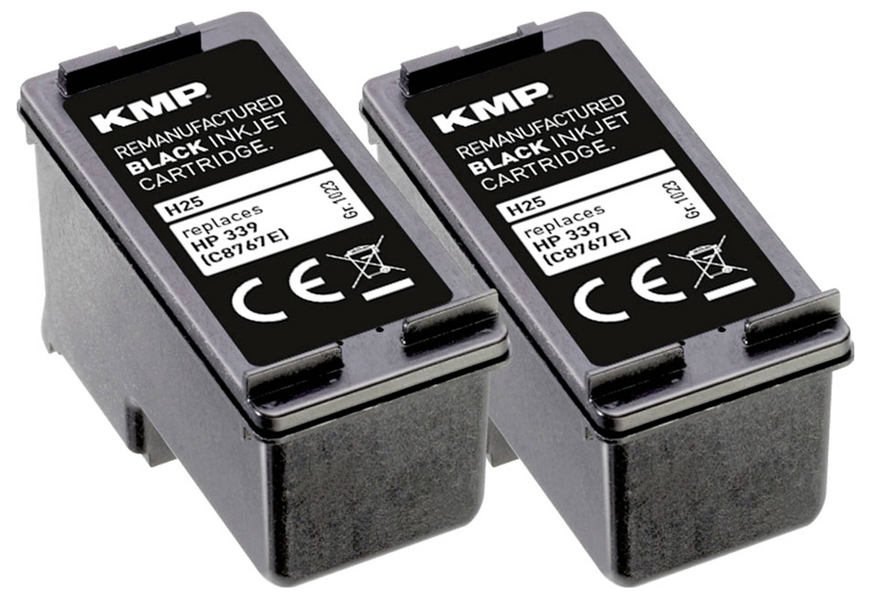 Twee zwarte inktcartridges met het opschrift 'KMP Remanufactured Black Inkjet Cartridge H25 replaces HP 339 (C8767E)'.