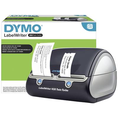 Dymo LabelWriter 450 Twin Turbo naast de verpakking. Drukt adresetiketten met de naam 'Peter Smith, New York, NY 10004'.