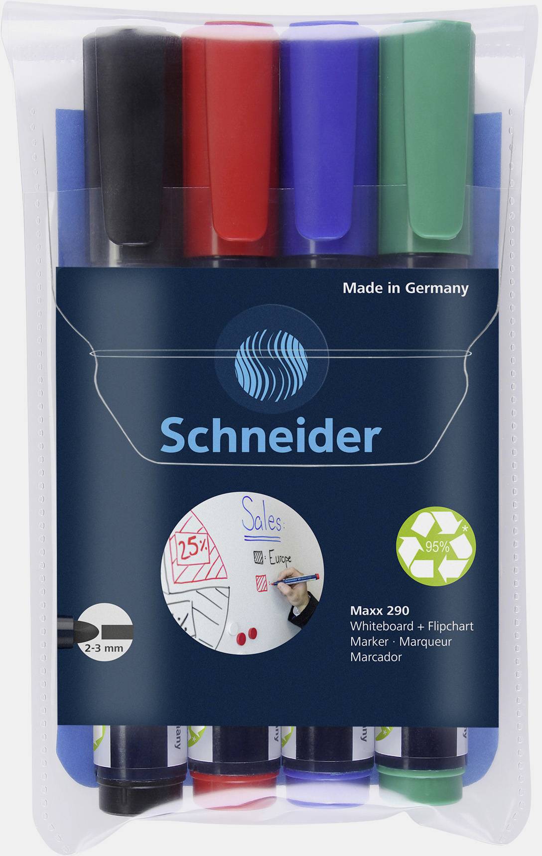 Een set van vijf whiteboard-stiften met doppen in verschillende kleuren: zwart, rood, blauw, groen en een witte verpakking.