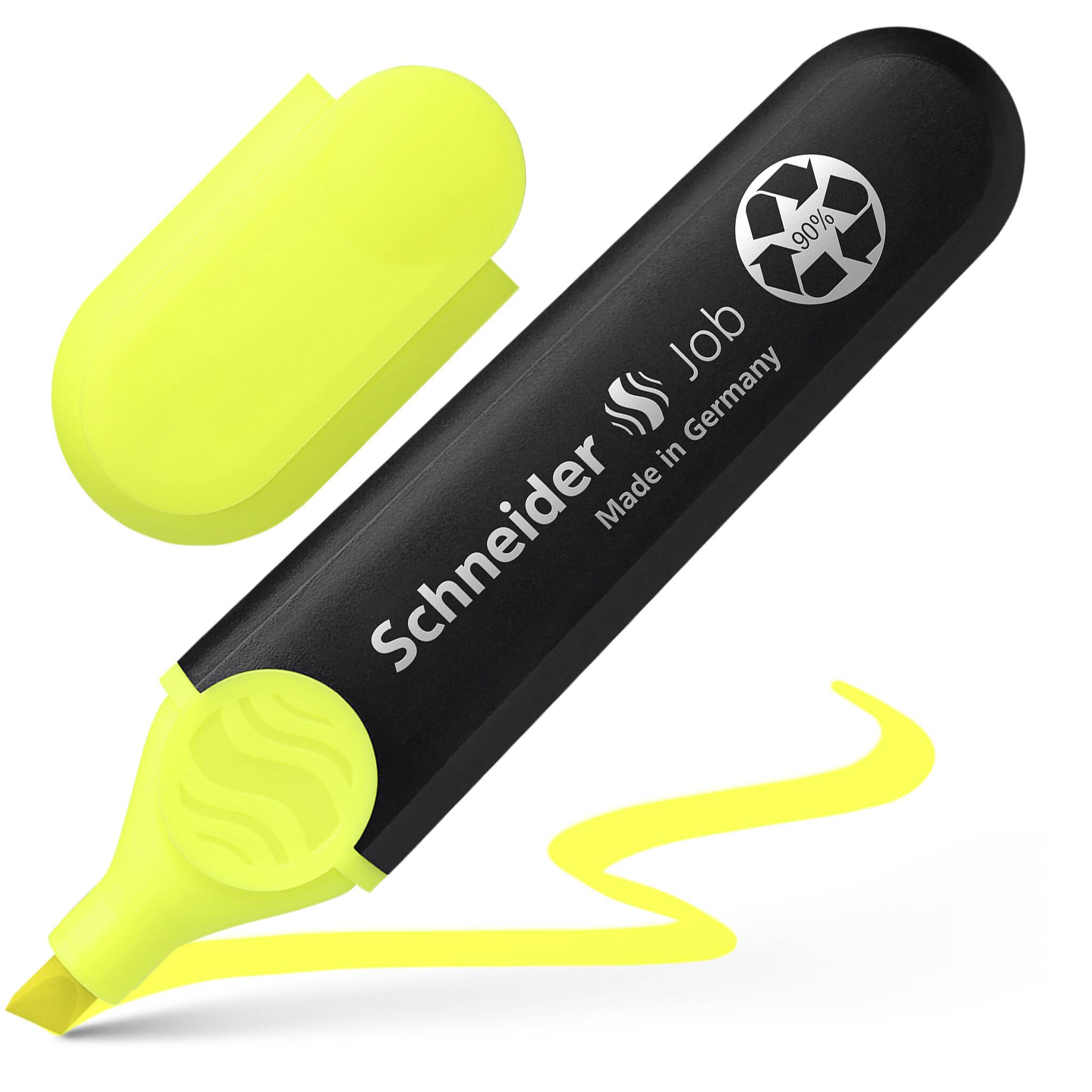 Een gele tekstmarker van het merk Schneider Job met de dop eraf. Ernaast een zwierige gele markeerstip. Made in Germany.