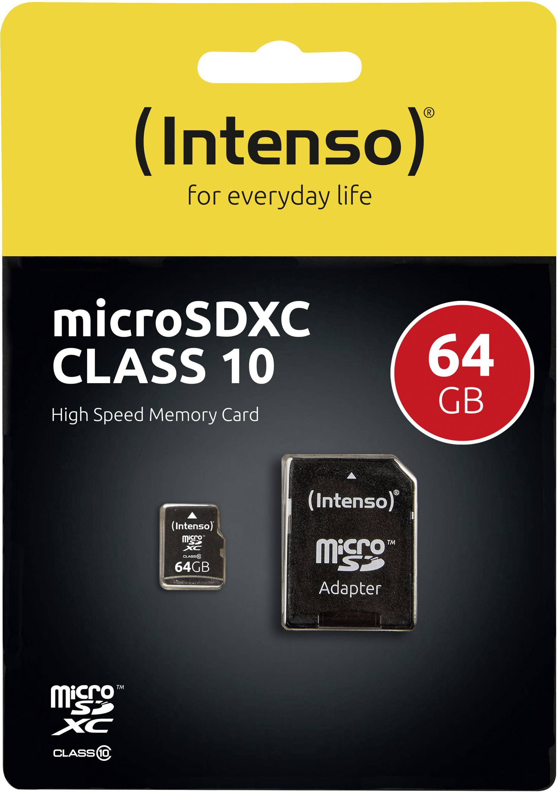Verpakking van een Intenso microSDXC Class 10 geheugenkaart met adapter, 64 GB, hoge snelheid, geschikt voor alle levensterreinen.