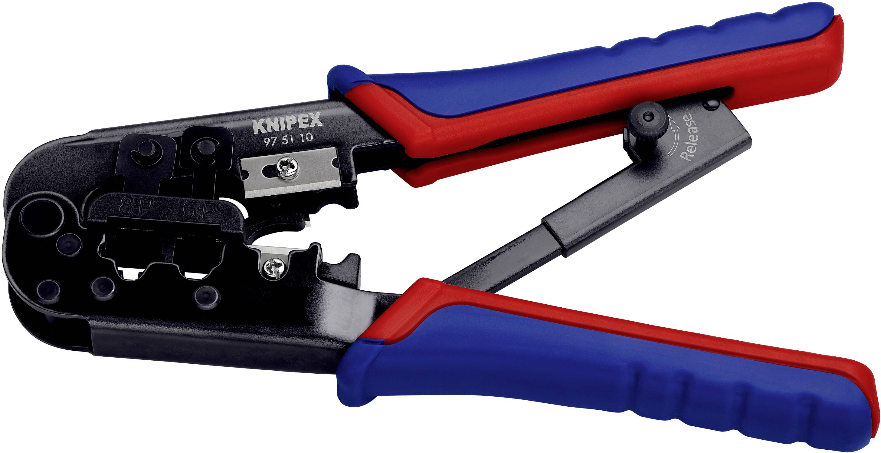 Een krimptang met blauw-rode handgrepen, gebruikt voor het aanbrengen van connectoren op kabels.