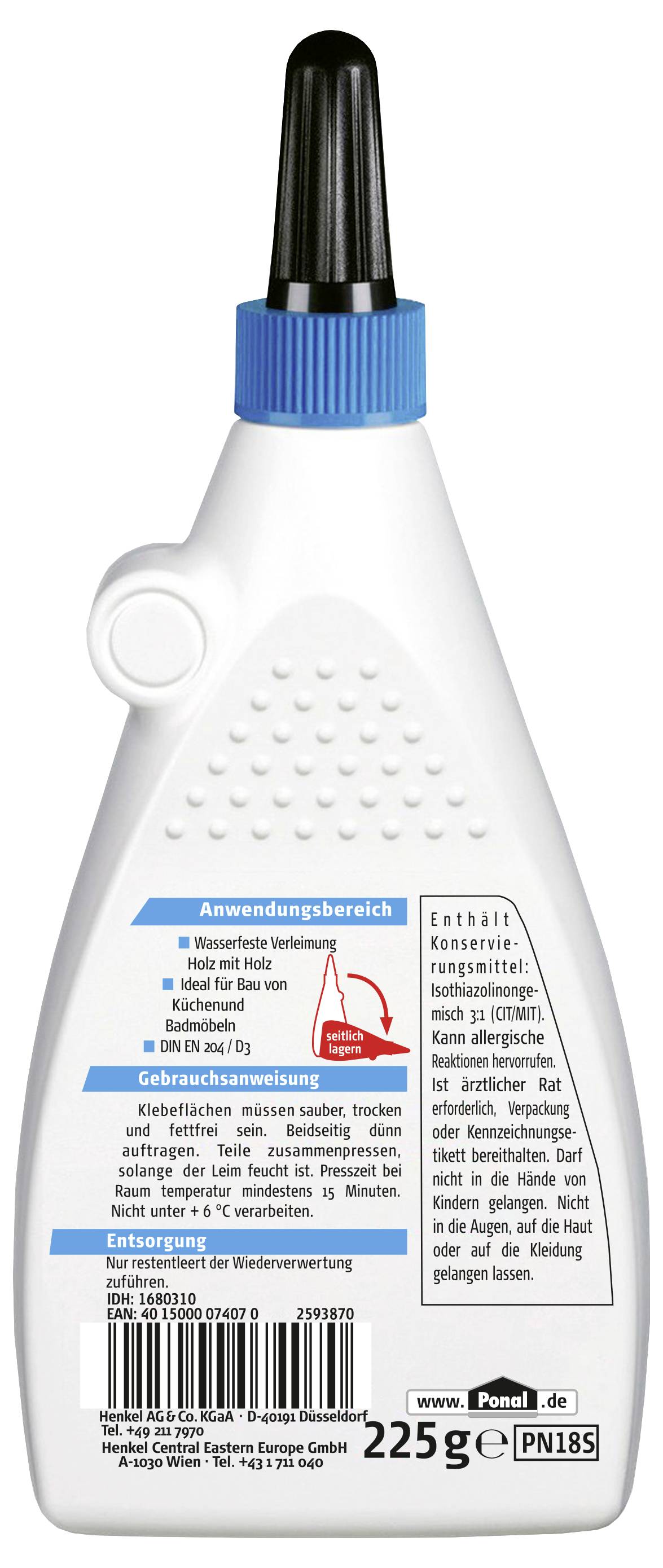 'Witte fles lijm met een zwarte dop met tekst in het Duits die gebruiksinstructies, waarschuwingen en een diagram van lijmtoepassing beschrijft.'
