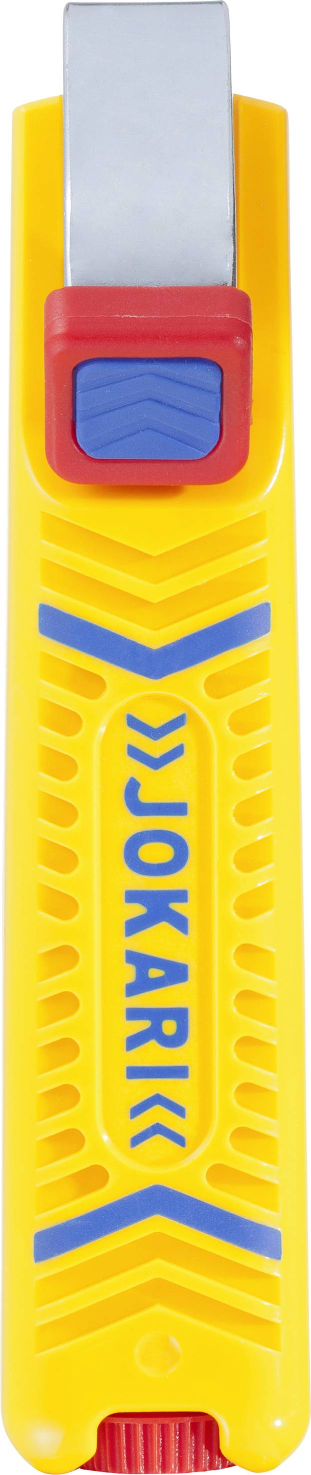 Een gele kunststof handgreep met een uitstekend, zilverkleurig metalen gereedschap, een rode schuifregelaar, blauwe markeringen en het opschrift 'Jokar'.