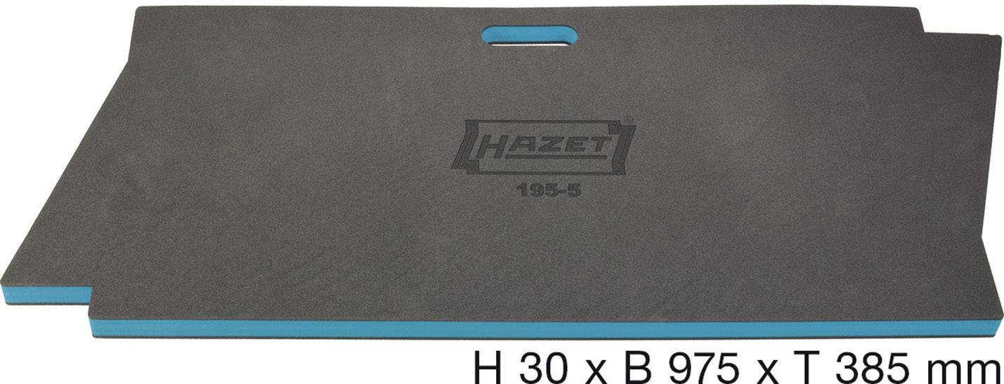 Grijze HAZET gereedschapsmat met blauwe onderkant, rechthoekige vorm, uitsparing voor handgreep, afmetingen: 30 x 975 x 385 mm.