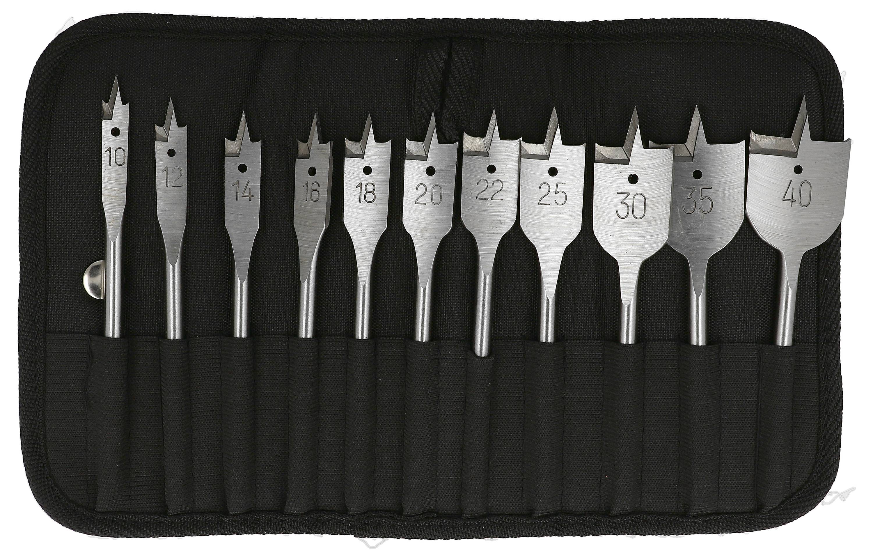 Een set van tien genummerde spadedrills in een zwart ritsvak.
