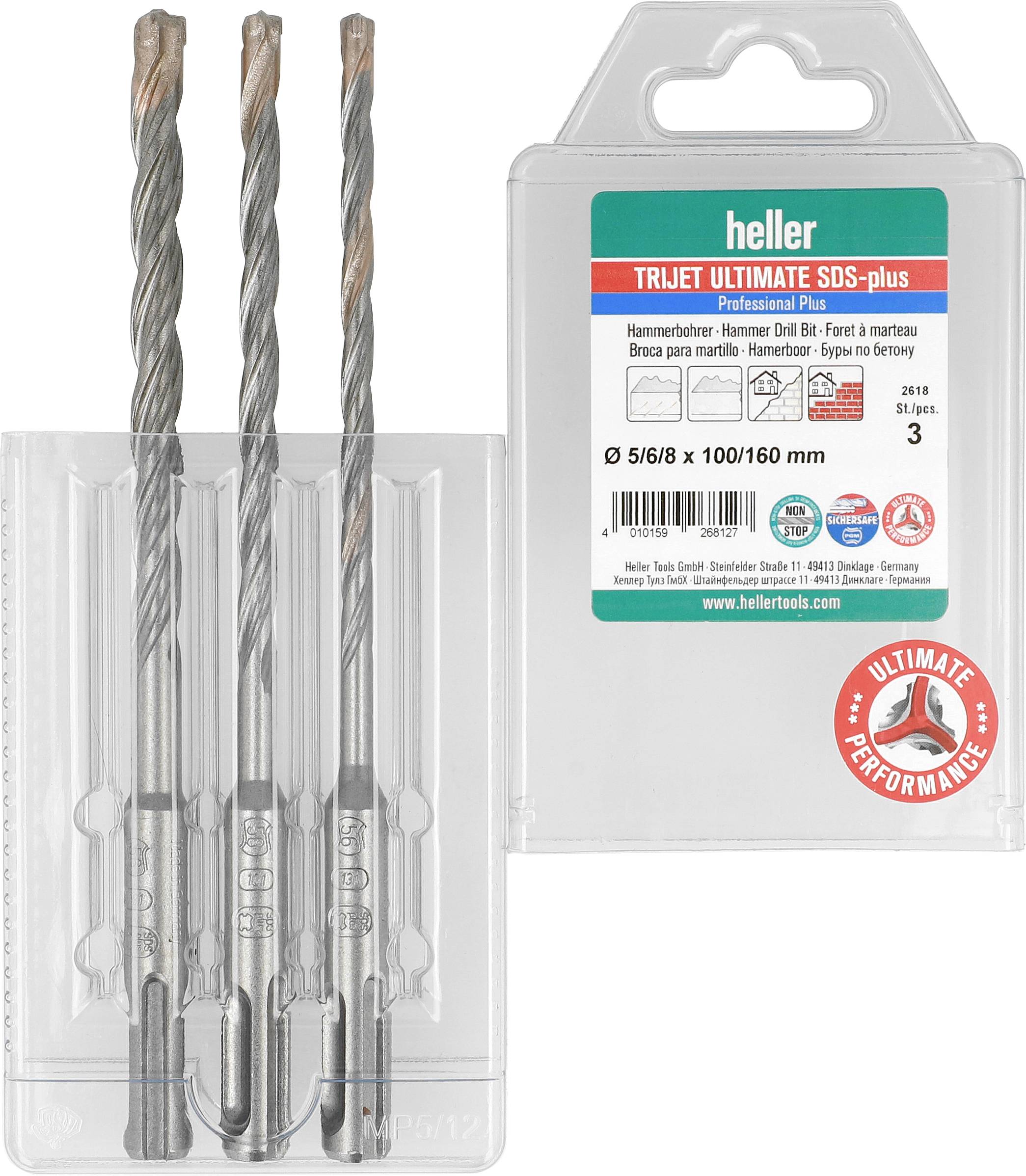 Set van drie Heller TRIJET Ultimate SDS-plus boorhamer bits in een doorzichtige kunststof koffer, gelabeld 5/8 x 100/160 mm.
