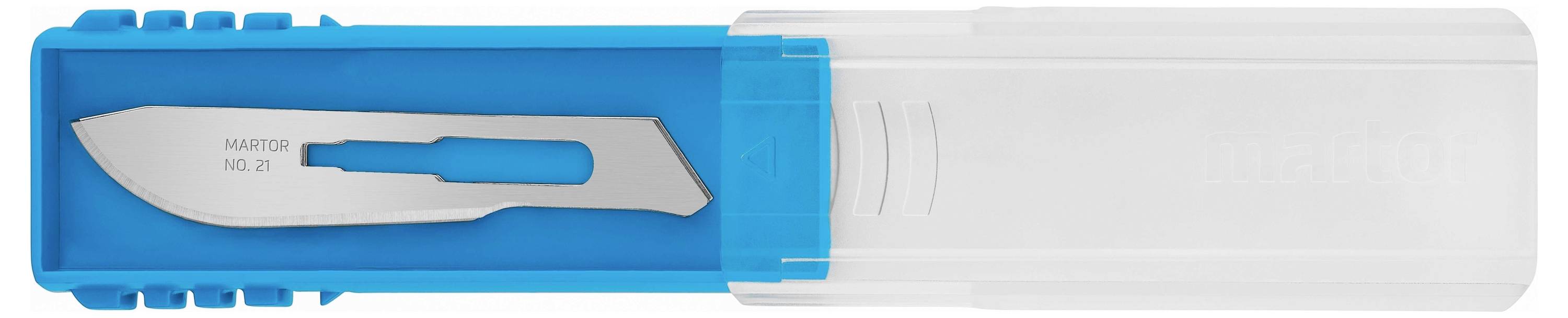 Scalpelmesje in blauwe kunststof doos, mes met opdruk 'MAKERD NO. 21', geschikt voor precisiewerk bij medische of artistieke toepassingen.