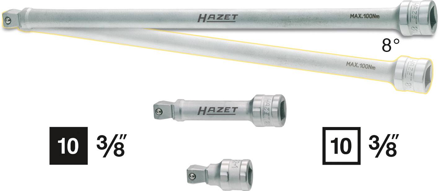 'Twee zilveren Hazet-verlengstukken met 100 mm lengte en 8° hoekige schacht. Onderaan twee kleinere verlengstukken, beide geschikt voor 10 3/8"-aansluiting.'