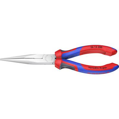Rood en blauwe lange-neus tangetjes met het label 'Knipex Vanadin-Super 26 15 200' op de handvatten.