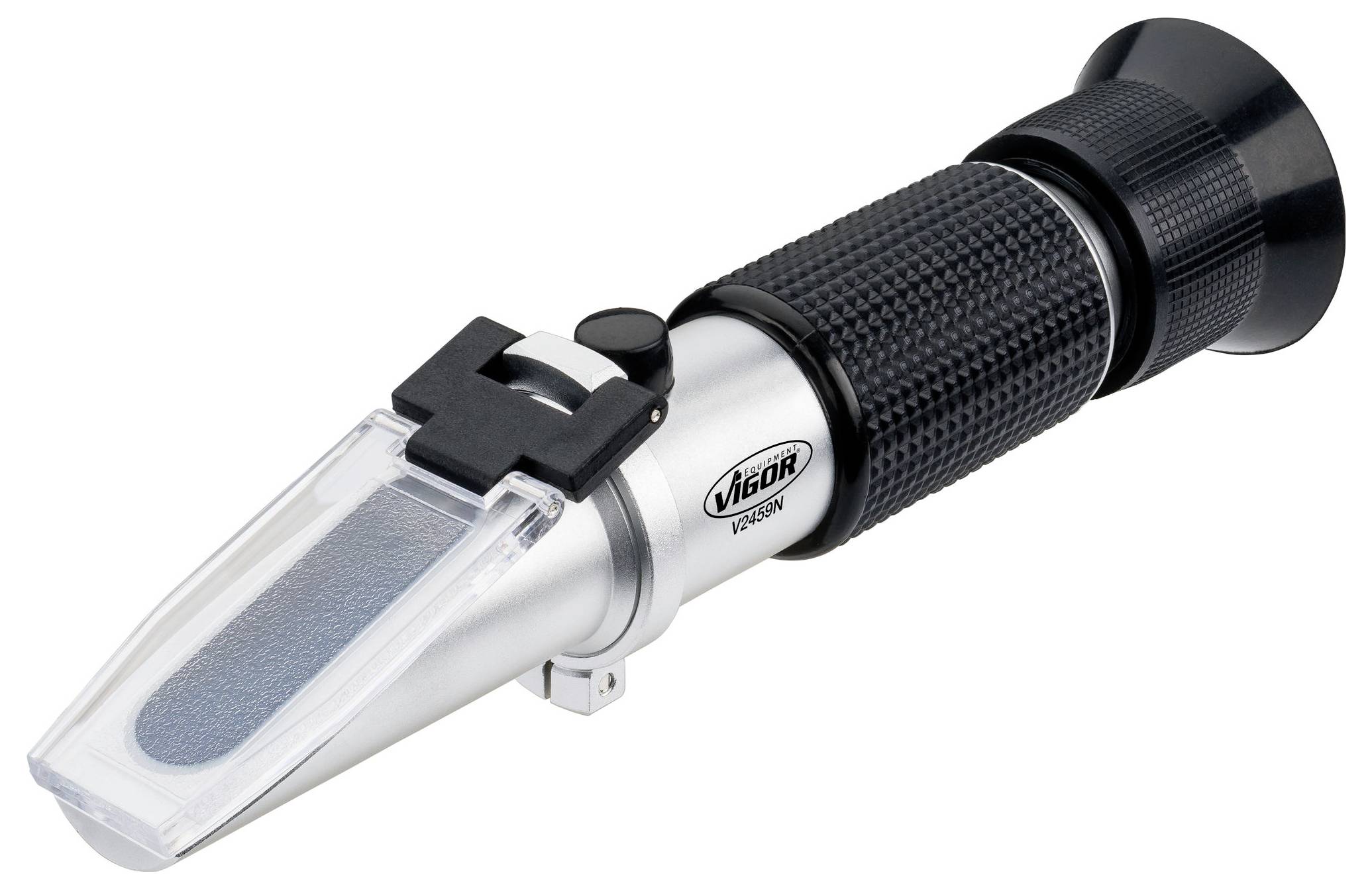 Handrefractometer met zwarte handgreep en zilveren behuizing op witte achtergrond, gebruikt voor het meten van vloeistofconcentraties.