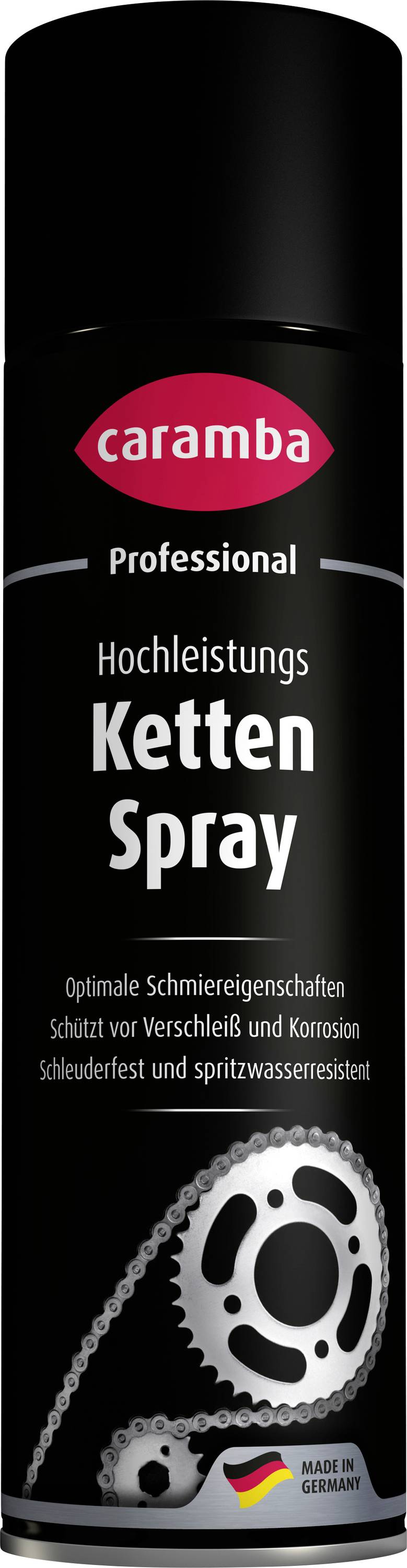 Blik caramba Professional Hochleistungs Ketten Spray, een kettingsmering met Duitse vlag en tandwiel-ketting grafisch, gelabeld Made in Germany.