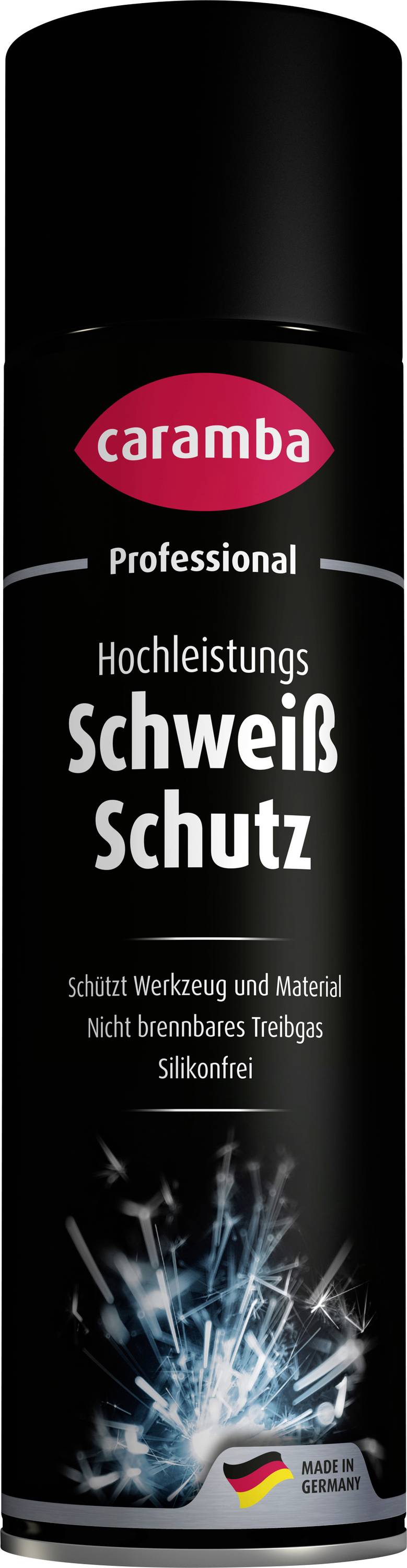 Zwarte aërosolspray gelabeld 'caramba Professional Hochleistungs Schweiß Schutz' met Duitse tekst die lasbeveiliging aangeeft en gemaakt in Duitsland.