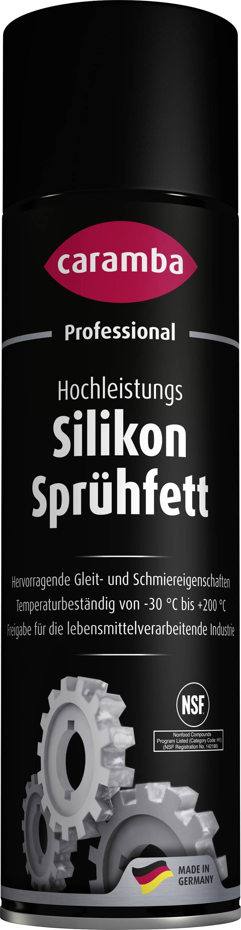 Zwarte aerosolbus van Caramba Professional hoogperformante silicoonspray, gelabeld in het Duits; voedingsveilige smeermiddel voor reiniging en glijdende onderdelen.