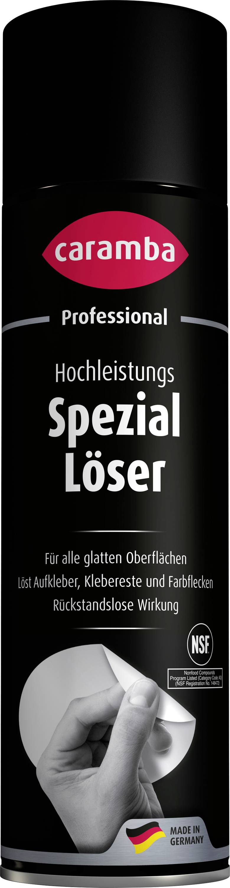 Zwarte aerosolspray van caramba Professional Hochleistungs Spezial Löser, een zware reiniger voor het verwijderen van lijm, teer, vet en labels; gemaakt in Duitsland.