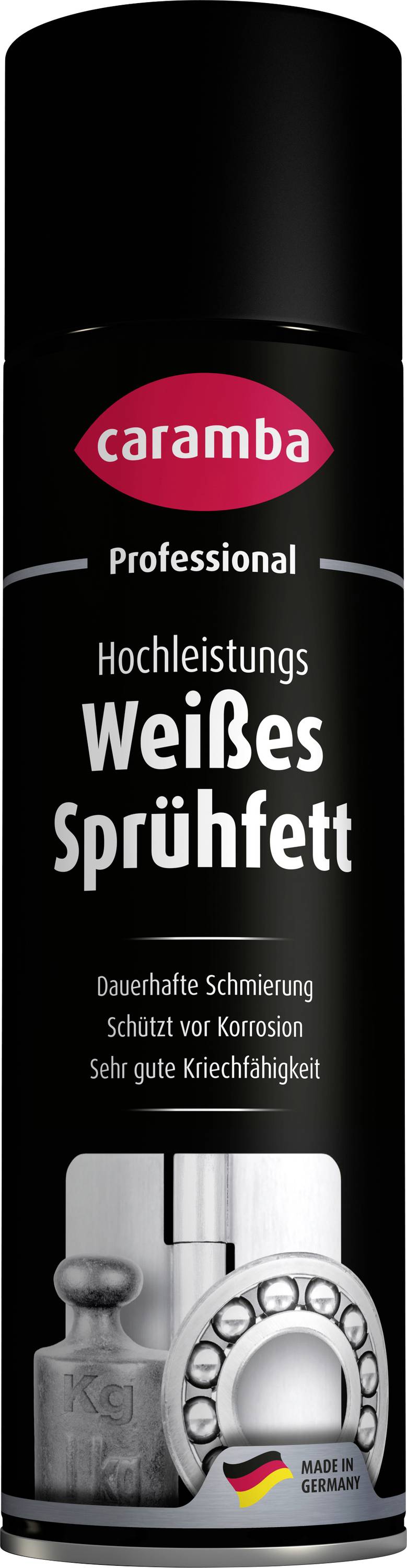 Caramba Professional wit spuitvet in blik, gelabeld 'Hochleistungs Weißes Sprühfett' met claims van duurzame smeermiddelen, corrosiebeskerming en hoge kruipfunctie.