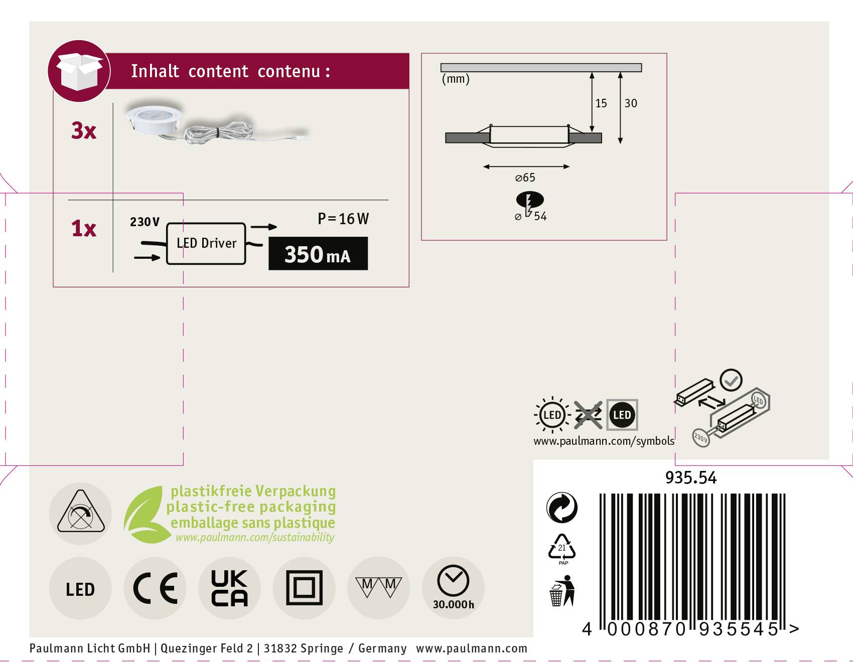 'Packaging contents: 3x LED, 1x LED driver (P=16W, 350mA). Plastic-free packaging, symbols for LED, energy class. Manufacturer's address.'