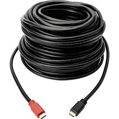 Een lang zwart HDMI-kabel met rode en zwarte aansluitingen, opgerold en klaar voor gebruik bij audio- en videoverbindingen.