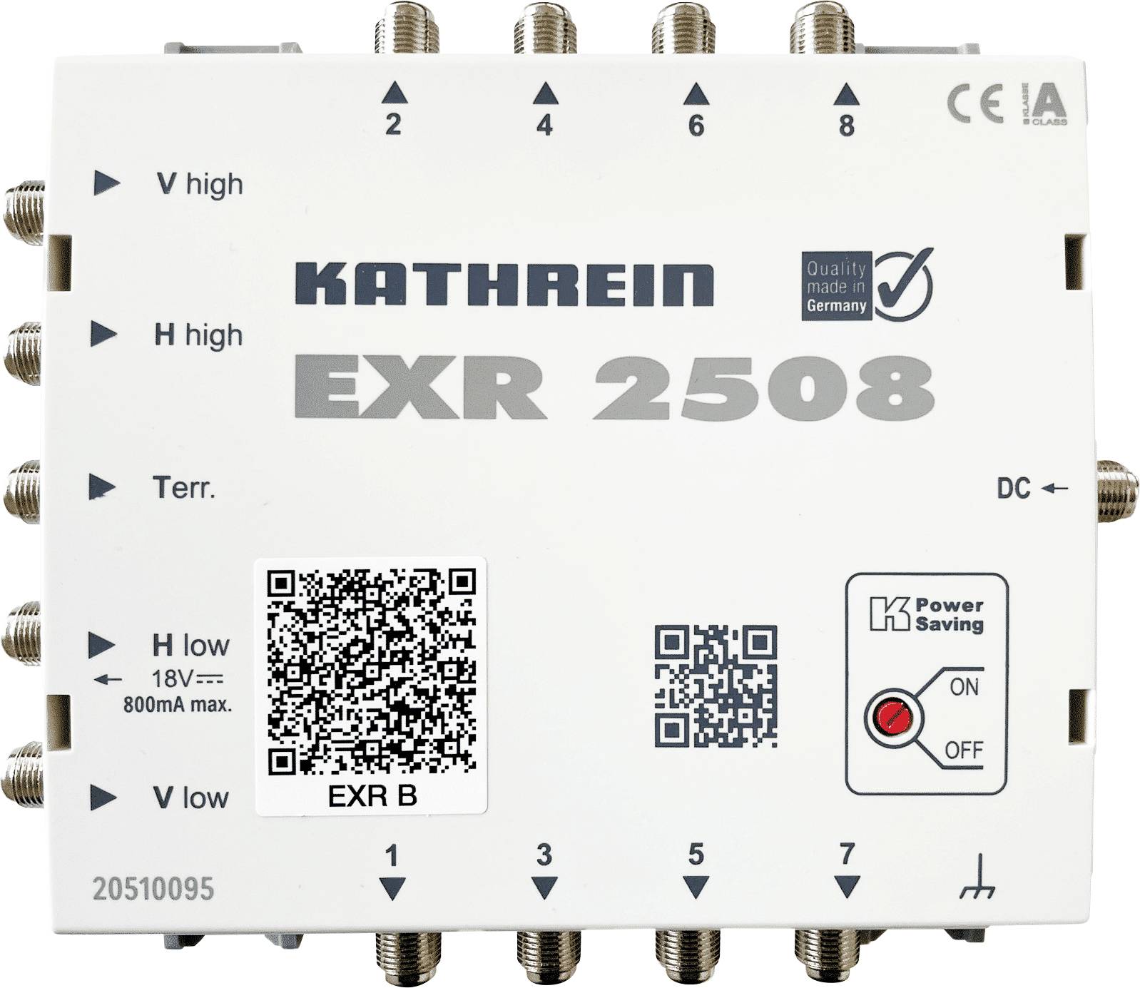 Satelliet-multischakelaar EXR 2508 van Kathrein met 8 uitgangen, kwaliteitskenmerk 'Made in Germany' en ingedrukt CE-teken.
