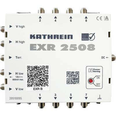 Satelliet-multischakelaar EXR 2508 van Kathrein met 8 uitgangen, kwaliteitskenmerk 'Made in Germany' en ingedrukt CE-teken.