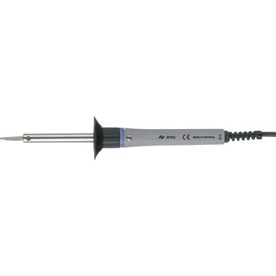 Een soldeerbout met een grijze handgreep en een scherpe metalen punt ligt horizontaal. De kabel is aan de rechterkant aangesloten.