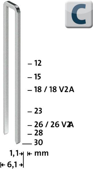 'U-vormige klemmen van roestvrij staal, maten: 12, 15, 18/18 V2A, 23, 26/26 V2A, 28, 30 mm. Dikte: 1,1 mm, breedte: 6,1 mm.'