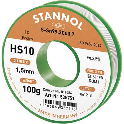 Stannol HS10 2510 Soldeertin, loodvrij Spoel Sn99,3Cu0,7 ROM1 100 g 1.5 mm