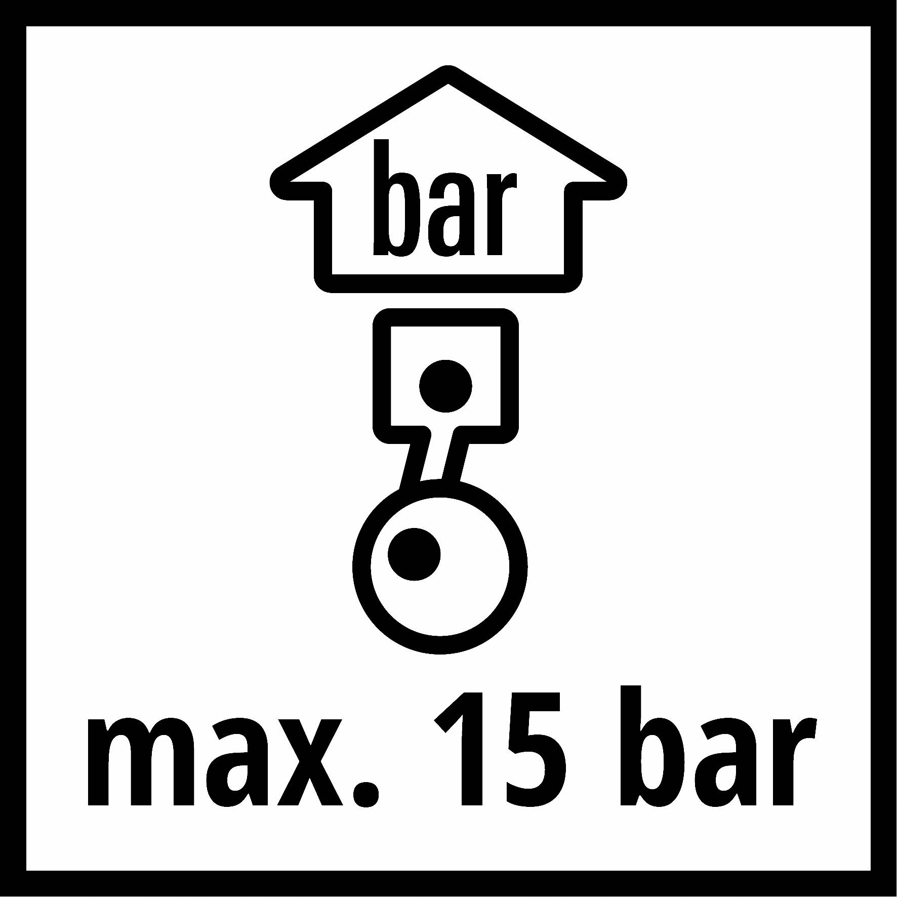 Een symbool toont een huis met het woord 'bar' erboven en eronder een kolomgrafiek. Tekst: 'max. 15 bar'.