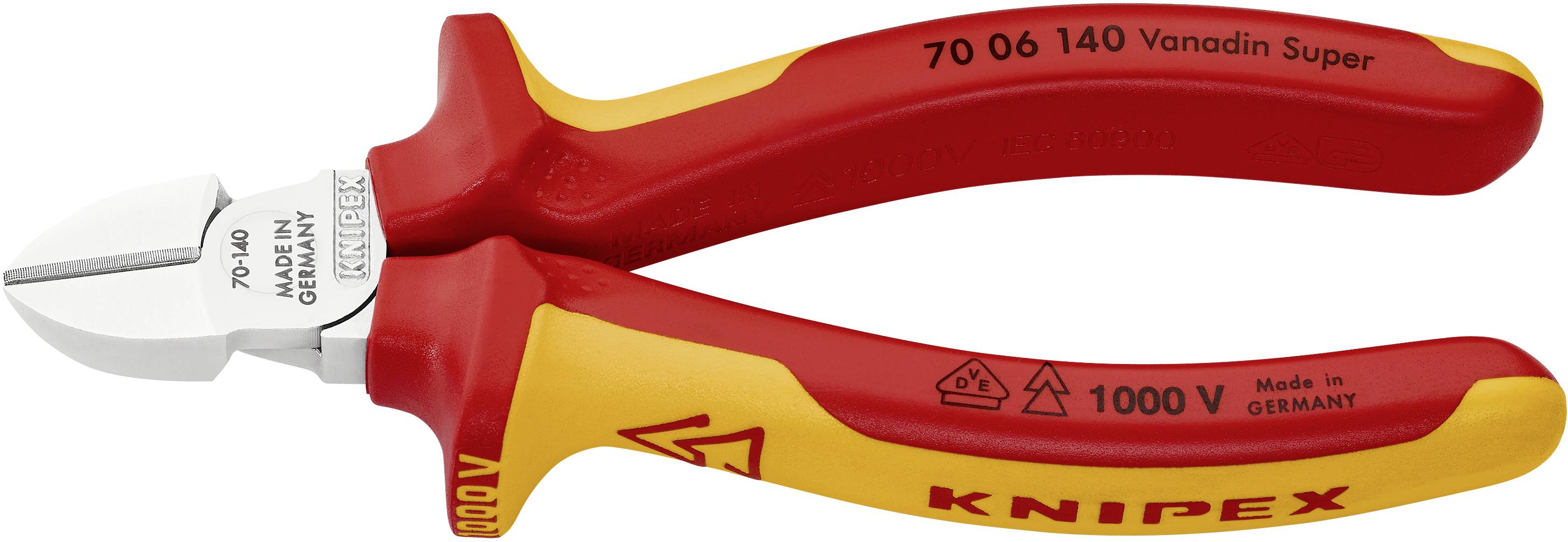 Een rode en gele zijkniptang van het merk Knipex, geschikt voor werkzaamheden tot 1000V, met een robuuste handgreep en scherpe snijvlakken.