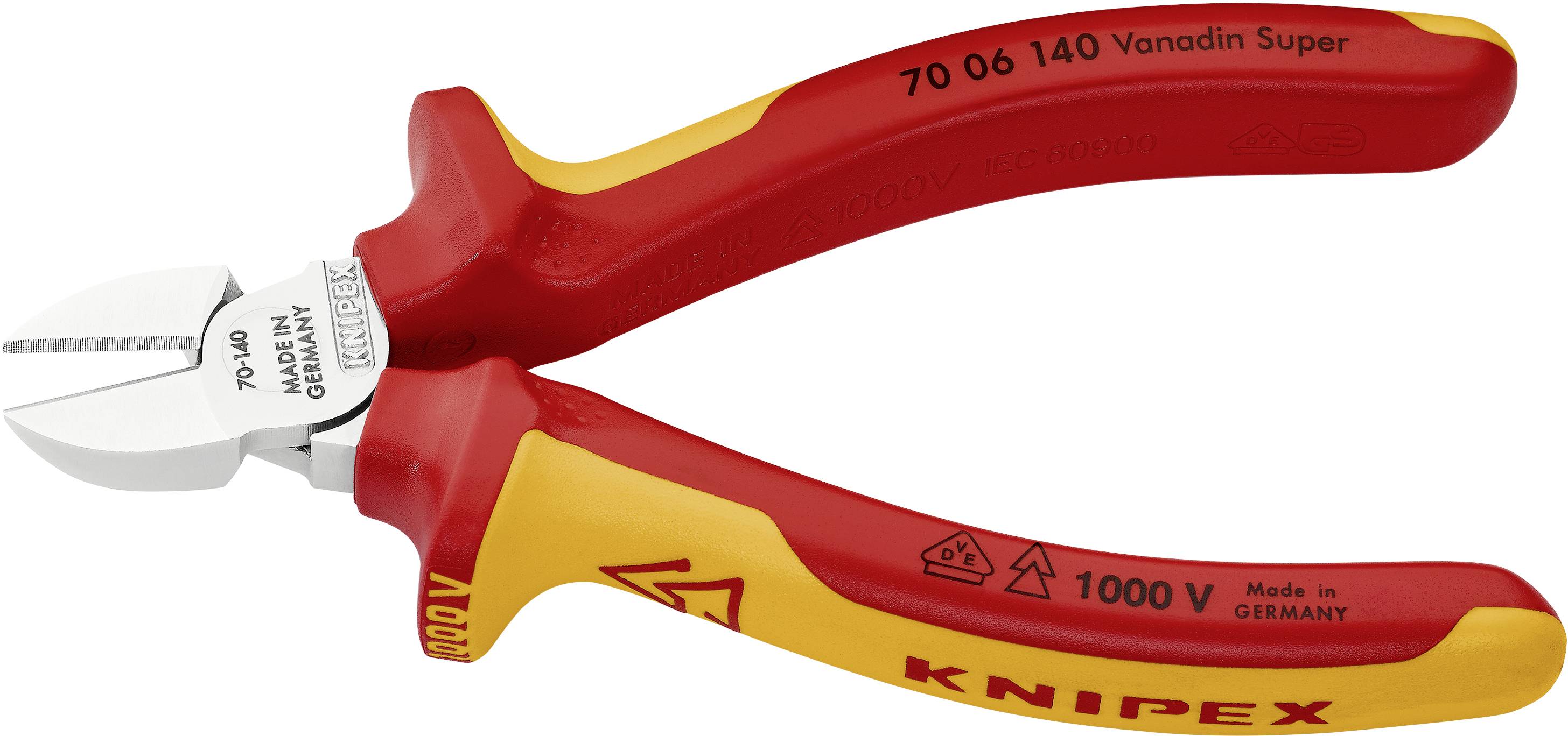 Zijkniptang met rode en gele handgrepen, speciaal geïsoleerd voor werkzaamheden tot 1000 V. Opschrift 'KNIPEX' en 'Made in Germany'.