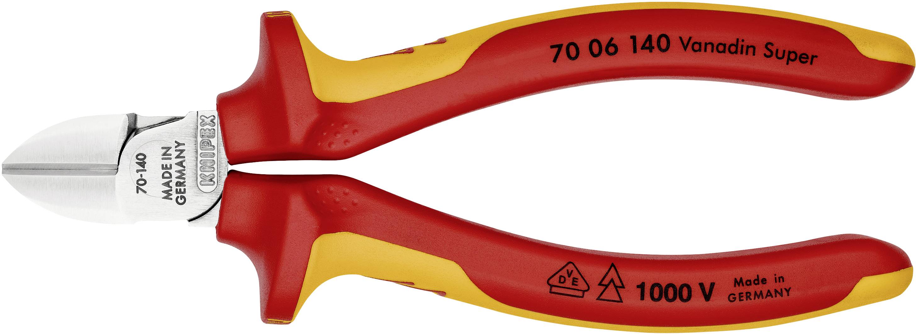 Zijkniptang met rode en gele handgrepen, zilveren snijvlak. Markeringen op handgrepen: '70 06 140' en '1000V'.
