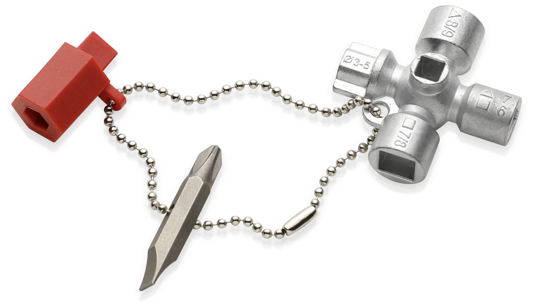 Een multifunctionele sleutel met vier verschillende aansluitingen, een rode kunststof afdekking en een schroevendraaier-inzetstuk aan een ketting.