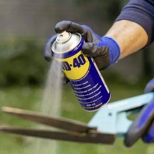 Een persoon spuit WD-40-olie op een roestig, opengevouwen tuinschaarblad in de buitenlucht. Gras op de achtergrond.
