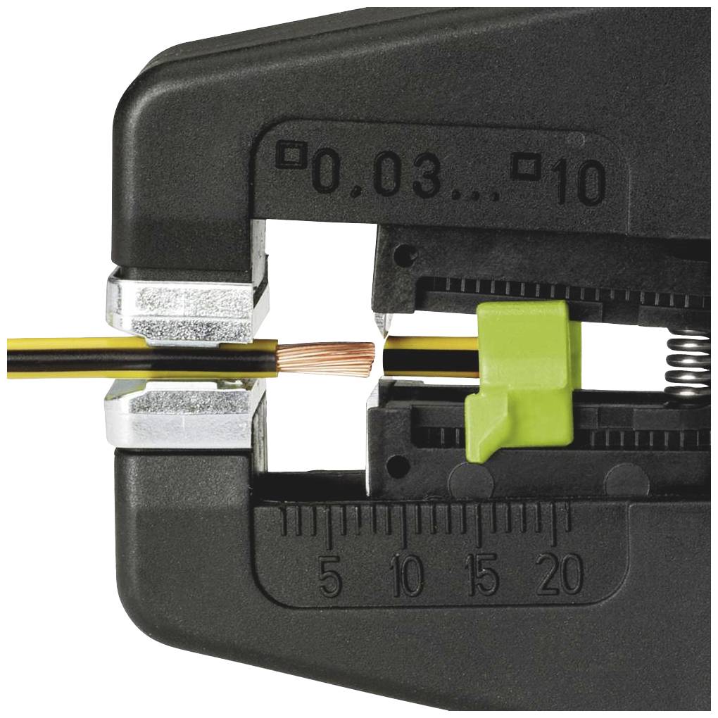 Een striptang verwijdert de isolatie van een meeraderige kabel. De schaalverdeling toont de exacte afmetingen.