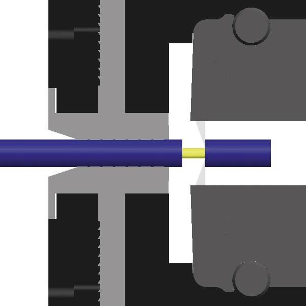'Een doorsnede van een machine die een blauwe draad tussen twee zwarte klemmen trekt. De klemmen houden en geleiden de draad.'
