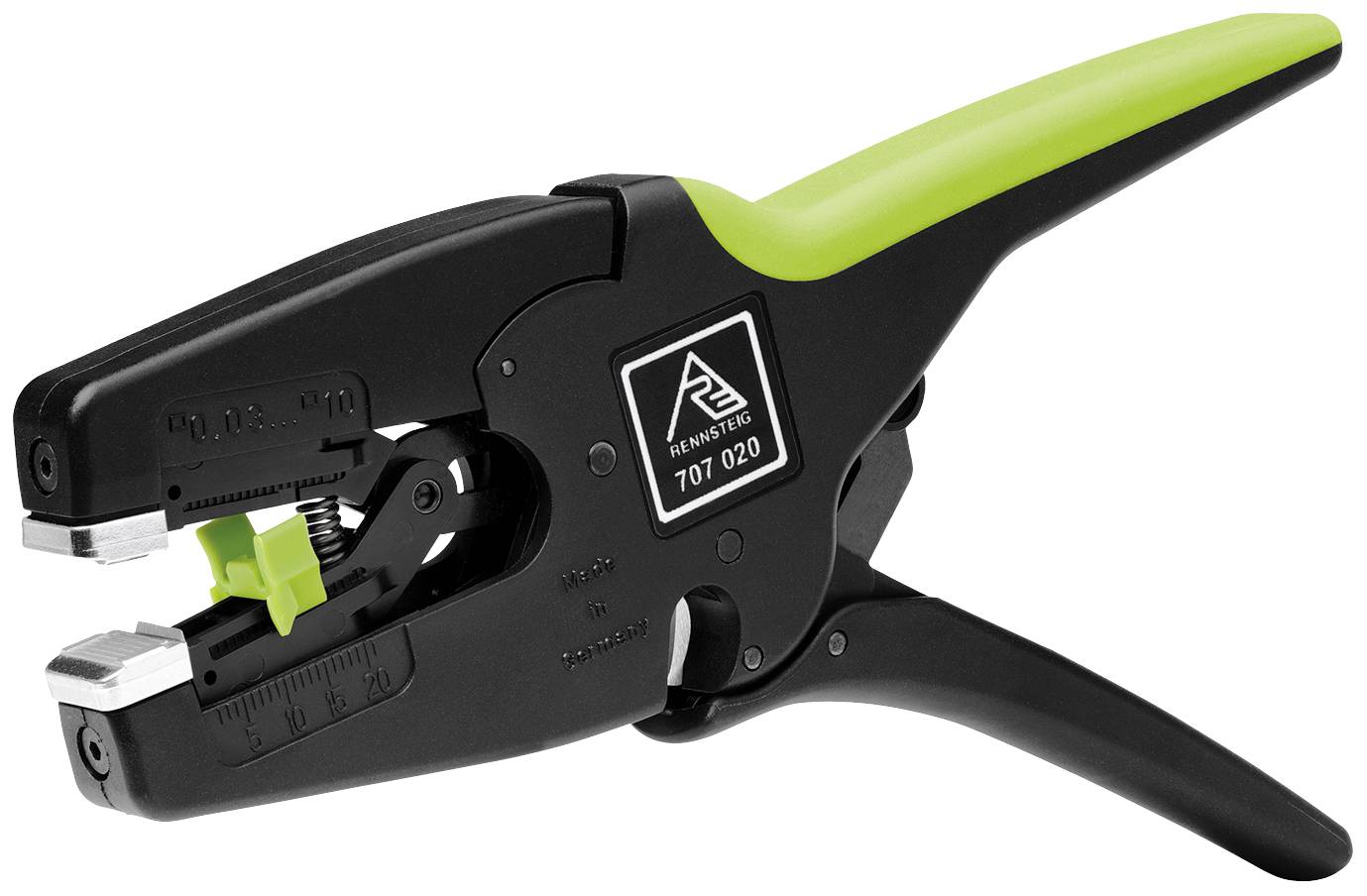 Striptang met zwarte handgreep en groene accenten. Geschikt voor het strippen van kabels. Bedrijfslogo en modelnummer zichtbaar.