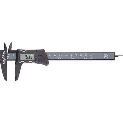 Digitale schuifmaat toont '15,39' op het display en meet in millimeters en inches.
